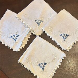 Vintage Stitched Linen Napkins with V Initial